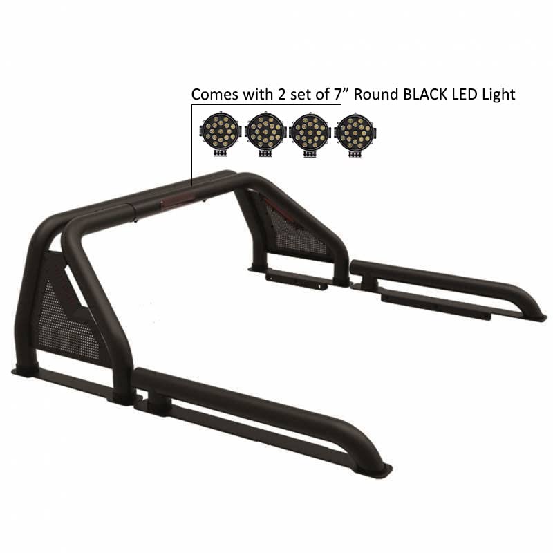 Gladiator Roll Bar Black Horse incl. Pair of 7.0" Dia. Led Lights w/Black Trim Rings Modular Black Compatible with 2005-2021 Nissan Frontier-GLRB-05B-PLB