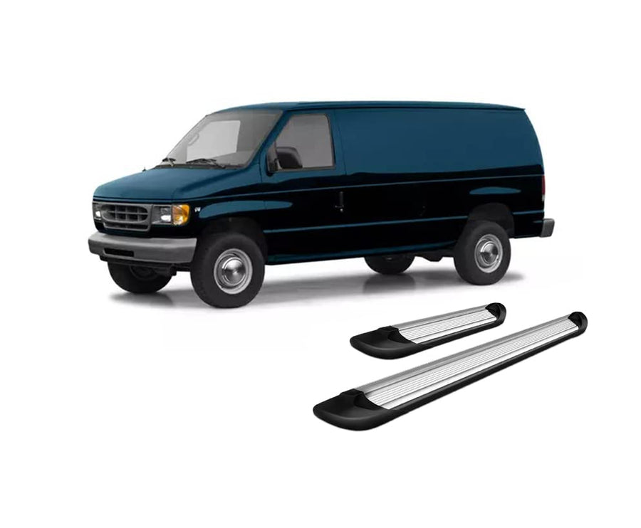 Transporter Running Boards Black Horse Silver Compatible with 02-14 Ford E-150|07-08 E-150 Econoline|99-05 E-150/E-350 Econoline CW|03-14 E-250|02-05 E-350 CW|99-00 E-350 Econoline-TR-F53596S