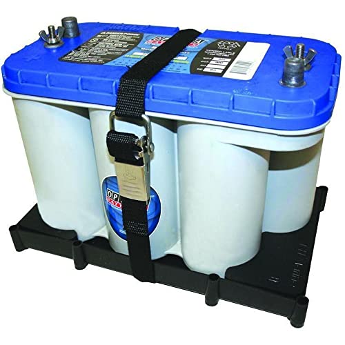 Optima T-H Marine Battery Tray Holder for D27M and D31M – Rugged UV and Corrosion Resistant Marine Battery Tray with Poly Strap, Stainless Buckle, 8 Mounting Slots, 13" x 7"
