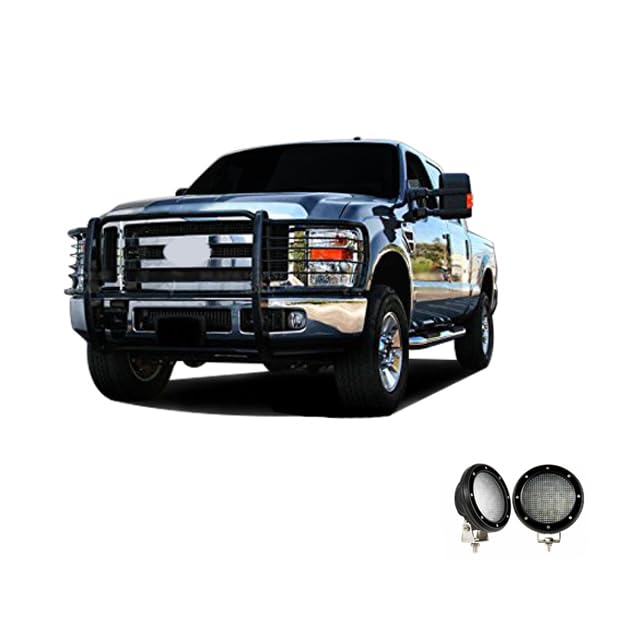 Grille Brush Black Horse Bumper Guard Modular Come with Pair of 5.3" Dia.LED Lights with Black Trim Rings Compatible with 2011-2014 Silverado 2500 HD|2011-2014 Silverado 3500 HD-17GT26MA-PLFB