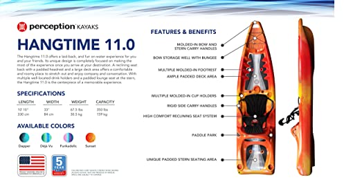 Hangtime 11 Perception Kayak - Recreational Kayak with Reclining Seat - Rear Seat for Lounging - 11 ft - Sunset