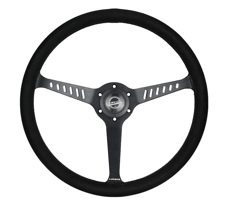 NRG Innovations Reinforced NRG-RST-380-STL-SA Classic Stealth Wheel, 380mm, 3 Spoke Center with Diagnal Slits, 1" Deep Dish with Vegan Suede and Black Stitching