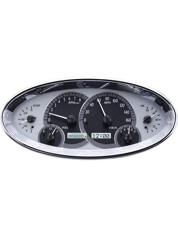 Dakota Digital Universal VHX-1017-S-W Elliptical Analog Dash Gauge System, Silver Alloy Style, White Backlighting