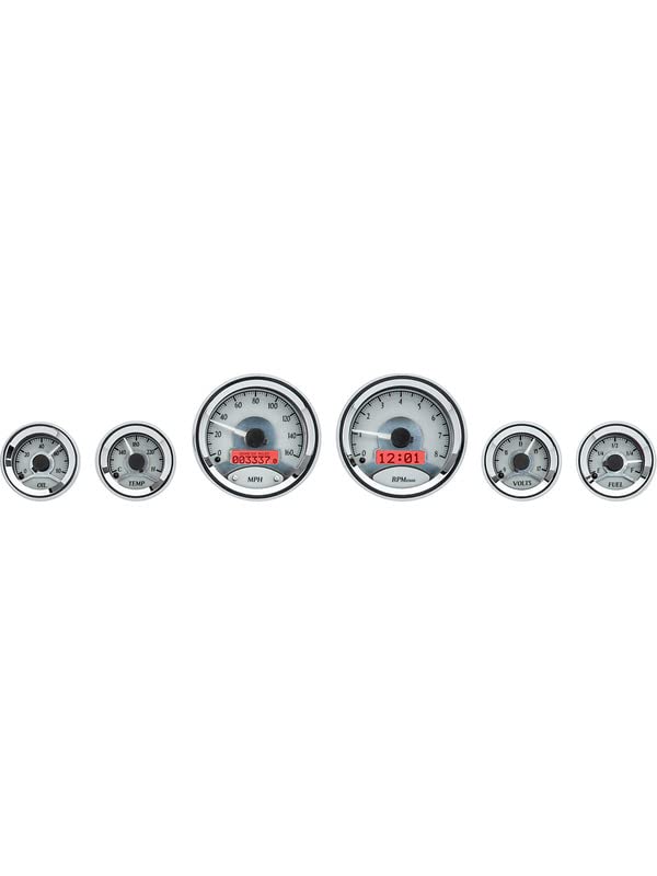 Universal Dakota Digital 6 Round Analog Gauge System Kit, Silver Alloy Style, Red Backlighting - VHX-1060-S-R