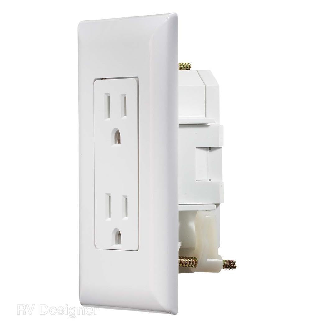AC Self-Contained RV Designer Dual Outlet with Cover Plate S811 - 15 Amp 125 VAC Power Outlet Receptacle for RVs & Motorhomes - White - Safe & Simple Design - Dual Slots - OEM Use