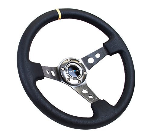 NRG Innovations Reinforced NRG-RST-006GM-Y Steering Wheel 350mm Sport Steering Wheel (3" Deep) Gun Metal Spoke With Round Holes/Black Leather/Yellow Center Mark Stripe Deep Dish 6-Bolt