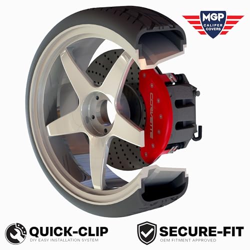 MGP Brake Caliper Covers for Chevrolet Corvette 1997-2004 with Engraved Silver Corvette Logo, Red Powder Coat Finish, Front and Rear Caliper Cover (Set of 4)