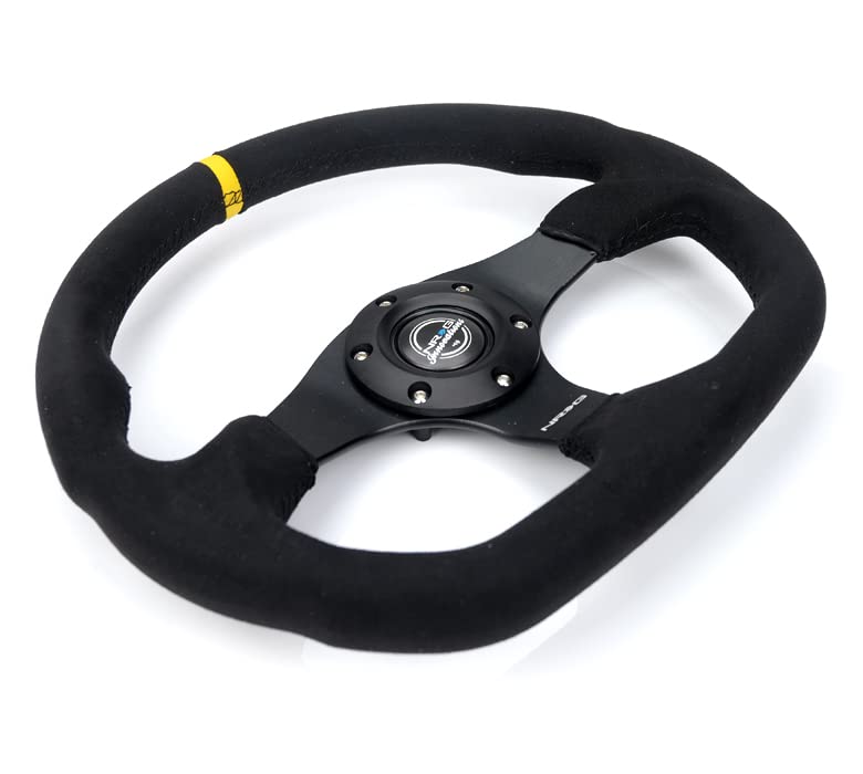 NRG Innovations Reinforced NRG-RST-024MB-SA-Y Steering Wheel - 320mm Sport Alcantara Flat Bottom with Yellow Center Mark