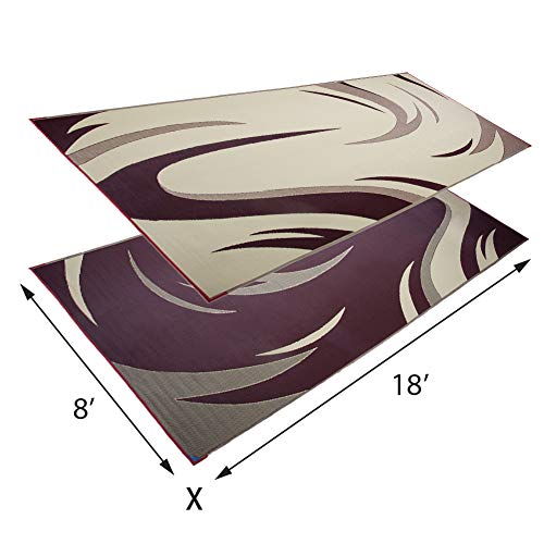 Camping Stylish SD8185 8-Feet x 18-Feet Graphic Swish Outdoor RV Reversible Patio Mat, Burgundy/Tan