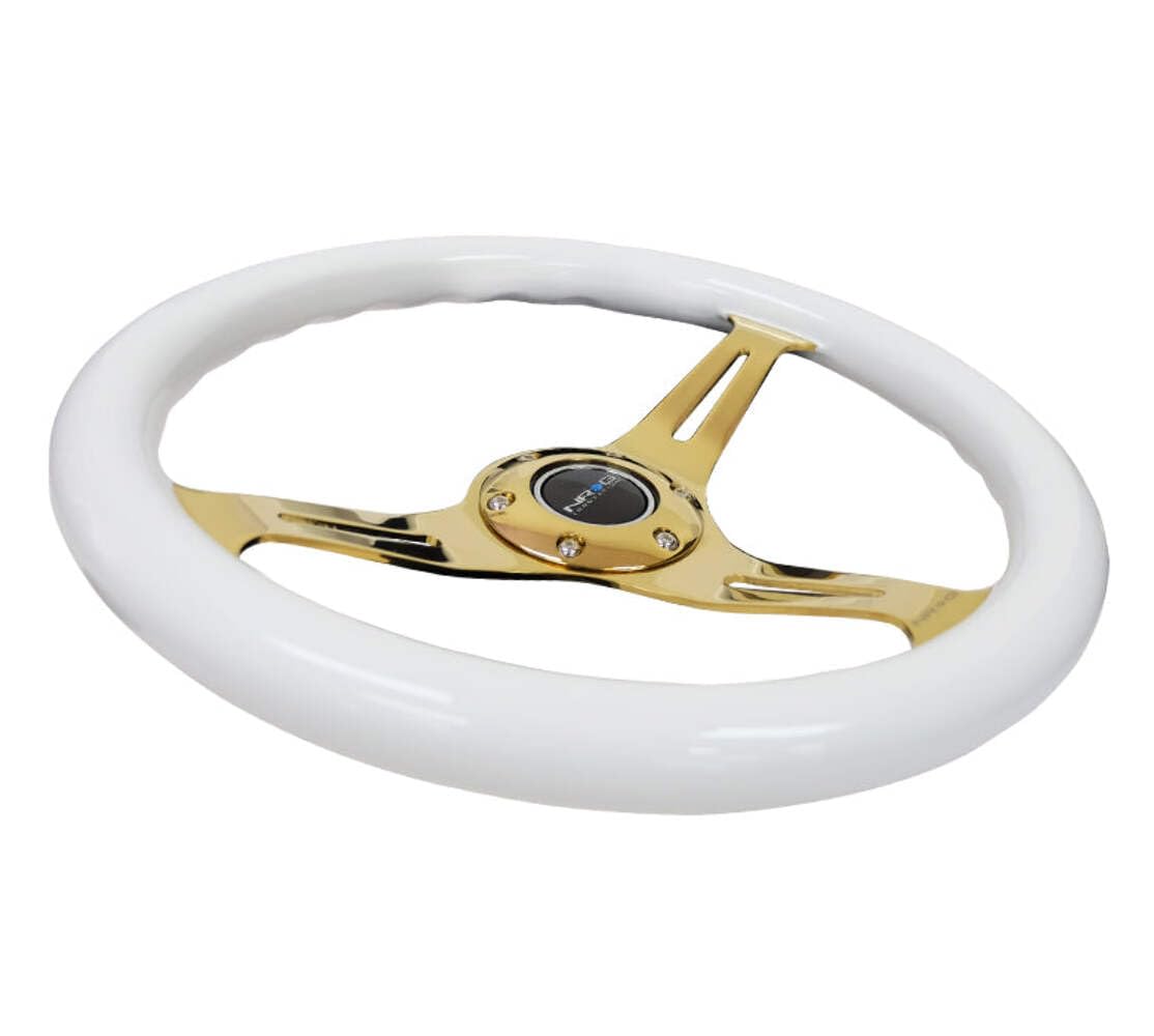 NRG Innovations Steering Wheel NRG-ST-015CG-WT - 350mm 25mm Deep Configuration 3 Chrome Gold Spokes Classic White Wood Grain Wheel/White Grip