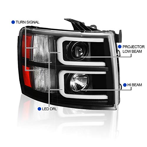 Black LED Tube Projector Headlights SPEC-D TUNING Compatible with 2007-2013 Chevy Silverado 1500, 2007-2014 Chevy Silverado 2500HD / 3500HD, Left + Right Pair Headlamps Assembly