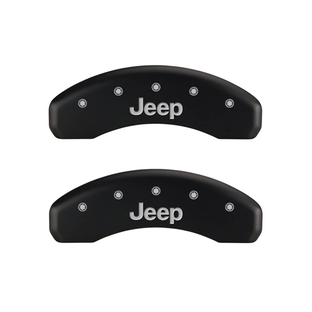 Brake Caliper Covers MGP for Jeep Wrangler 2007-2018/ Jeep Liberty 2008-2012 with Red Powder Coat Finish Engraved Silver Jeep Logo, Front and Rear Caliper Cover (Set of 4)