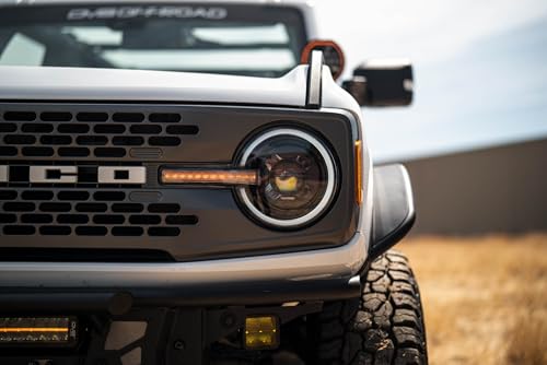 Black DV8 Offroad Headlights for 2021-2025 Ford Bronco | LED White DRL Halo w/Amber Centerline Light | 6500K Color Temp | 3650 Low Beam Lumens | 4700 High Beam Lumens | 90W LED System per Unit | Pair