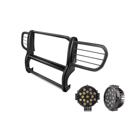 Grille Brush Black Horse Bumper Guard Modular Black Come with Pair of 7.0" Dia.LED Lights with Black Trim Rings Compatible with 2002-2007 Jeep Liberty-17EH26MA-PLB