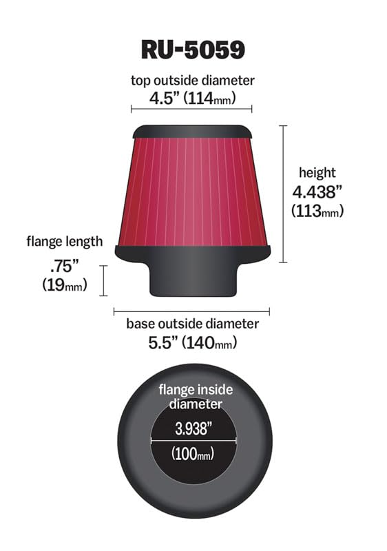 K&N Air Filter: Universal Clamp-On, High Performance, Premium, Washable, Replacement Filter: Flange Diameter: 3.938 In, Filter Height: 4.438 In, Flange Length: 0.75 In, Shape: Tapered Conical, RU-5059