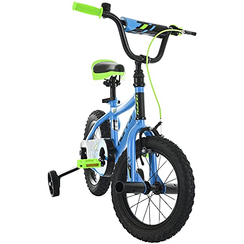 Huffy 14” Kid’s BMX Bike ZRX with Pegs, Training Wheels, Handlebar Bell, Blue and Green