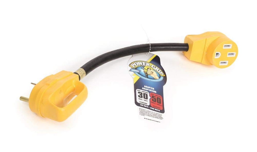 Camco Dogbone RV Electrical Adapter with Easy PowerGrip Handle, 30 Amp Male to 50 Amp Female, 18" (3750W/125V) (55185)