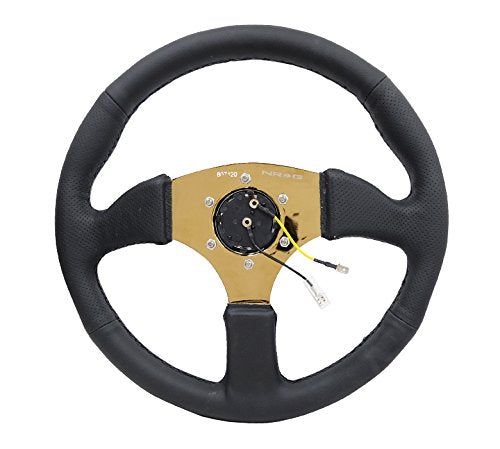 NRG Innovations Reinforced NRG-RST-023GD-R Steering Wheel 350mm Diameter 50mm Depth Sport Leather Racing (2.5" Deep) Comfort Grip 4mm Metal Gold Spoke