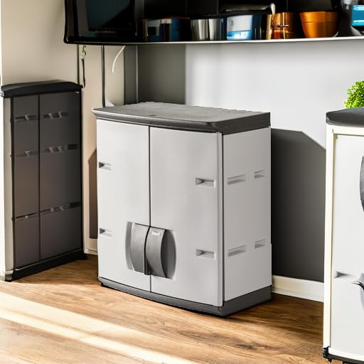 Rubbermaid Storage Cabinet Wall Mounted with Doors 150-Pound Capacity Gray Lockable Three-Shelf Cubbard for Tools/Car Accessories/Cleaning in Home/Garage/Outdoor Areas