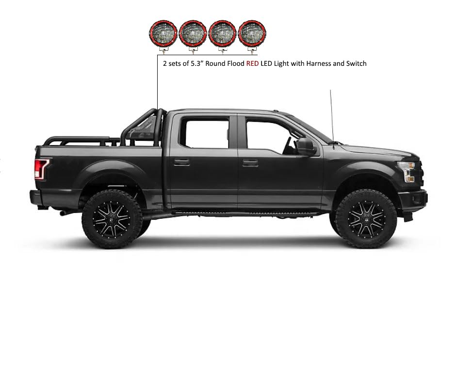 Gladiator Black Horse Roll Bar Incl. Set of 5.3" Dia.Led Lights w/Red Trim Rings Modular Black Compatible with Universal Roll Bar for 1/2 Ton Trucks (GM-Ford-Dodge- Tundra) -GLRB-01B-PLFR