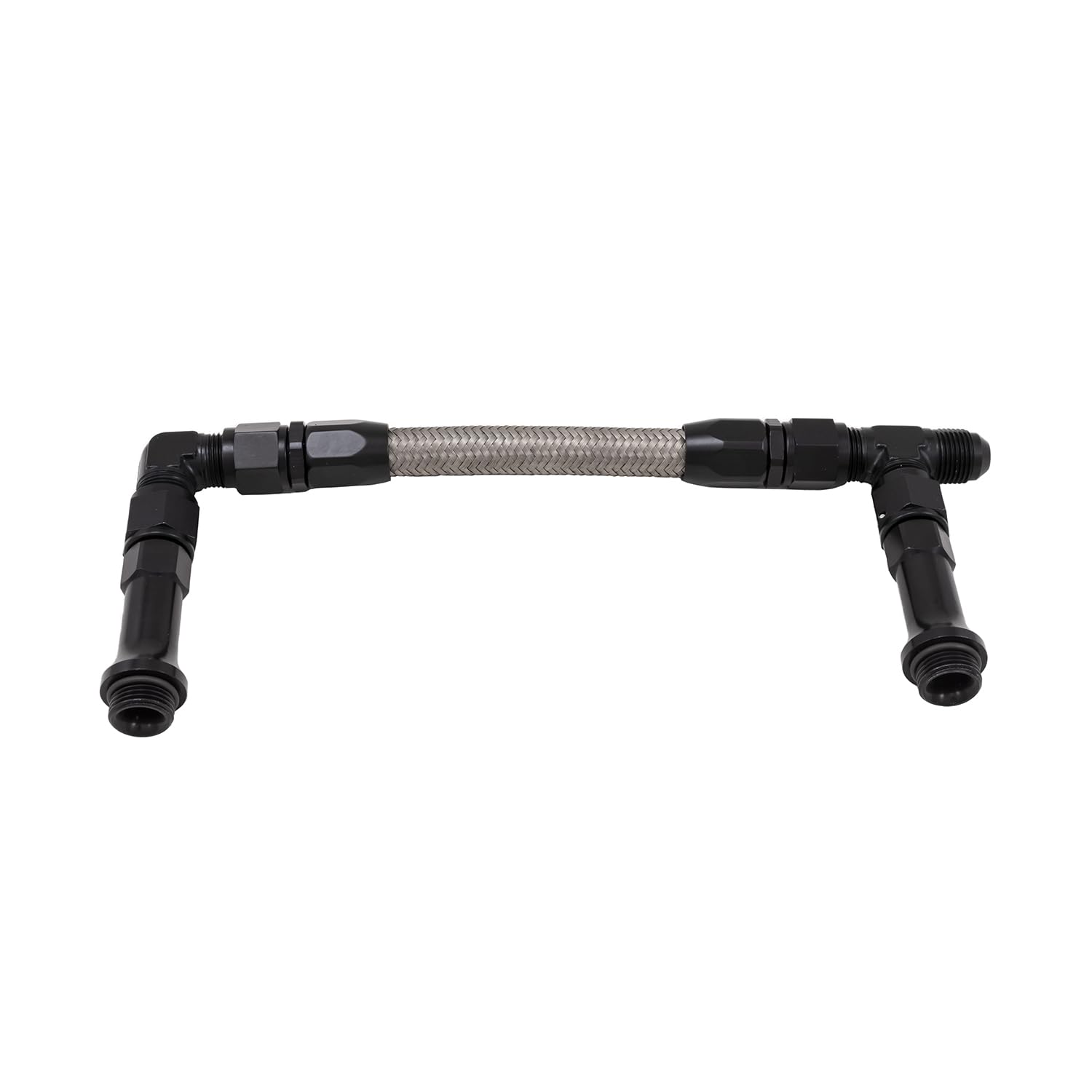 Carburetor Fuel Line SpeedFX 575108B, Used With Holley Ultra HP Dual Inlet Carburetor, 8AN x 1/2 Inch NPT Port, Anodized, Black, Stainless Steel Braided Hose