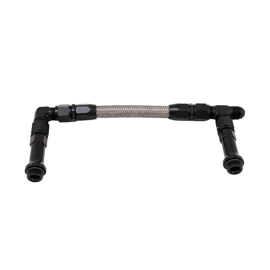 Carburetor Fuel Line SpeedFX 575108B, Used With Holley Ultra HP Dual Inlet Carburetor, 8AN x 1/2 Inch NPT Port, Anodized, Black, Stainless Steel Braided Hose