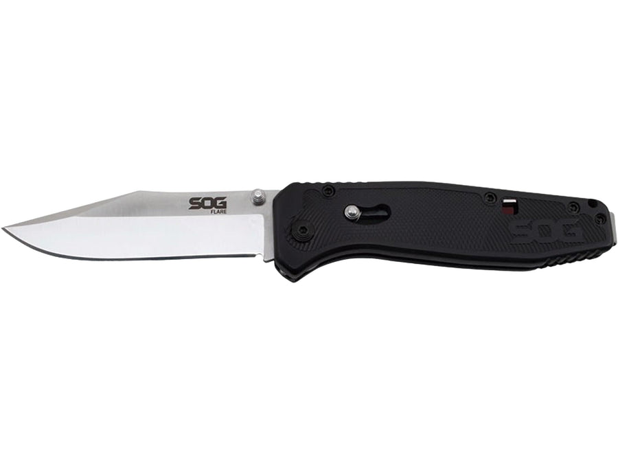 SOG Flare Knife Folding and Pocket Assisted Opening Tech w/ 3.5 Inch Stainless Straight Edge Blade & Tactical GRN Grip Knife (FLA1001-CP), Black