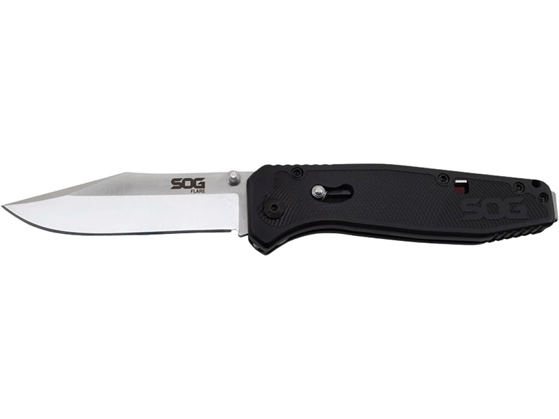 SOG Flare Knife Folding and Pocket Assisted Opening Tech w/ 3.5 Inch Stainless Straight Edge Blade & Tactical GRN Grip Knife (FLA1001-CP), Black