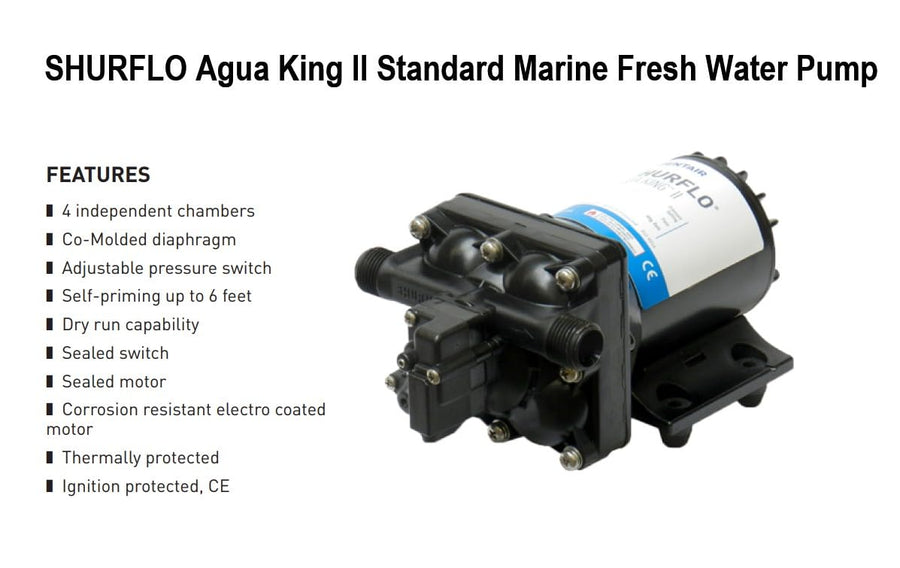 Aqua King II PENTAIR SHURFLO Standard Marine Fresh Water Pump, 12V DC, 30 PSI, 3.0 GPM, Diaphragm Boat Pump, Quiet, Dry-Run Safe, Multi-Fixture, Easy Install, Reliable