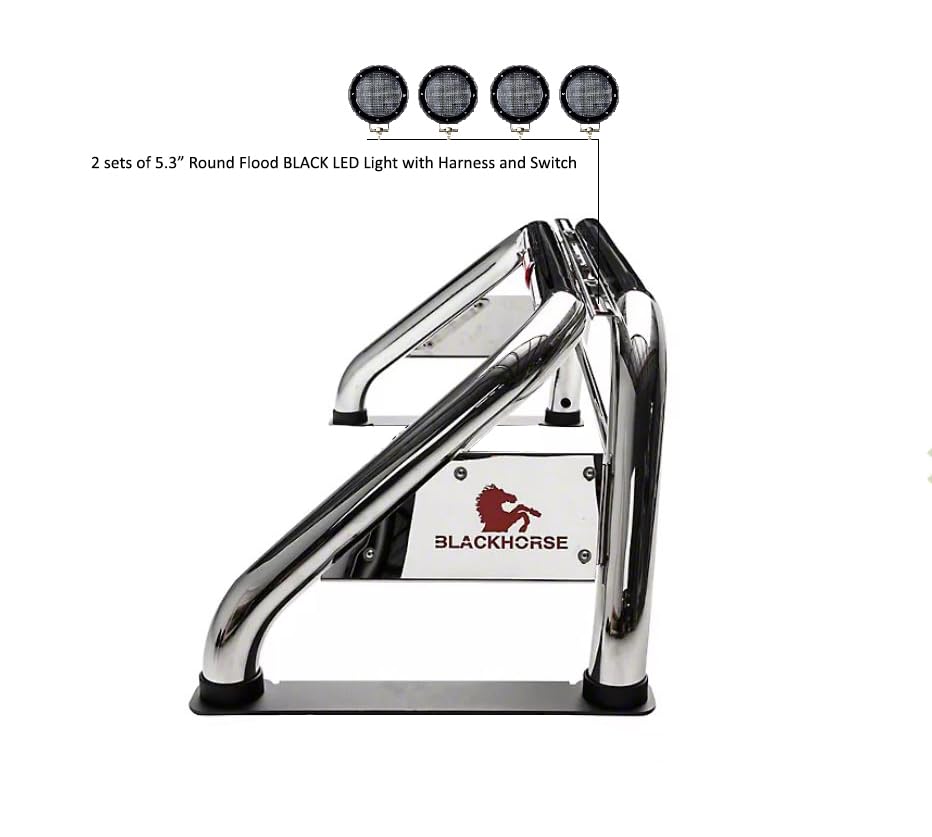 Classic Roll Bar Black Horse Incl. Set of 5.3" Dia.LED Lights w/Black Trim Rings Stainless Steel Compatible with 99-22 Ford F-250 Super Duty|99-22 Ford F-350 Super Duty|99-22 Ford F-450 Super Duty