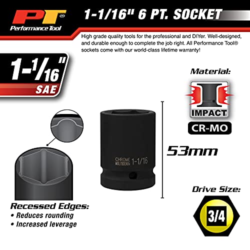 M740-34 Performance Tool 3/4-Inch Drive 1-1/16 Impact Socket for Heavy-Duty Automotive Repairs and Maintenance