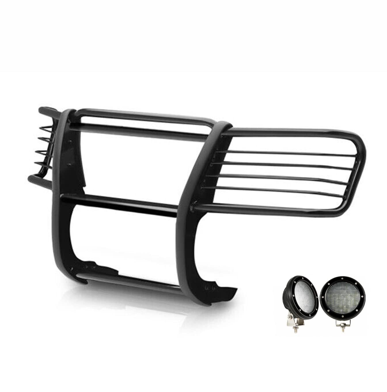 Bumper Guard Black Horse Grille Brush Modular Come with Pair of 5.3" Dia.LED Lights with Black Trim Rings Compatible with 2002-2006 GMC Envoy|2002-2006 GMC Envoy XL-17GD26MA-PLFB