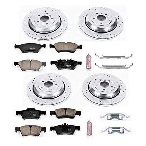 Power Stop K4083 Z23 Carbon Fiber Brake Pads with Front and Rear Drilled & Slotted Brake Rotors Kit