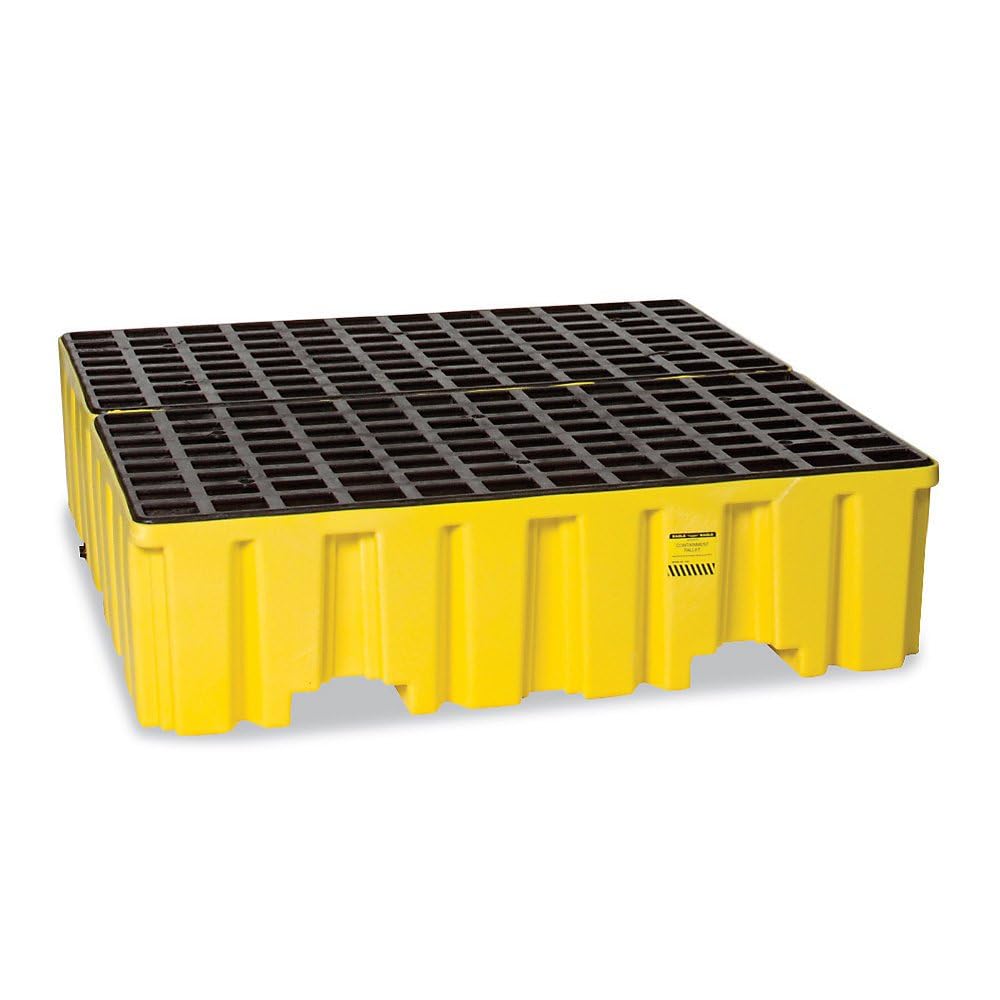 High Capacity Eagle 4 Drum Spill Containment Pallet with Drain and Forklift Pockets, 52.5"x51"x13.75", 132 Gallon Sump, 8,000 lbs. Load Capacity Secondary Containment Pallet, Made in USA, Yellow, 1640