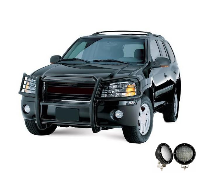 Bumper Guard Black Horse Grille Brush Modular Come with Pair of 5.3" Dia.LED Lights with Black Trim Rings Compatible with 2002-2006 GMC Envoy|2002-2006 GMC Envoy XL-17GD26MA-PLFB