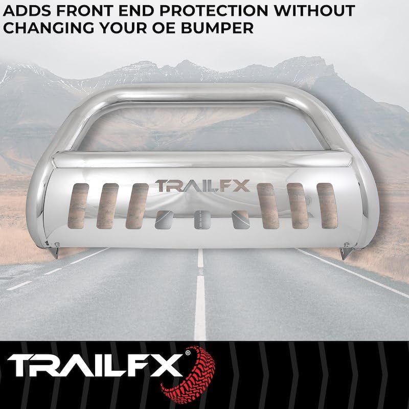Bull Bar TrailFX B0028S Fits Ford F-150 2004-2026 Tubular 3" Polished Stainless Steel with Skid Plate, Holes for Optional Lighting