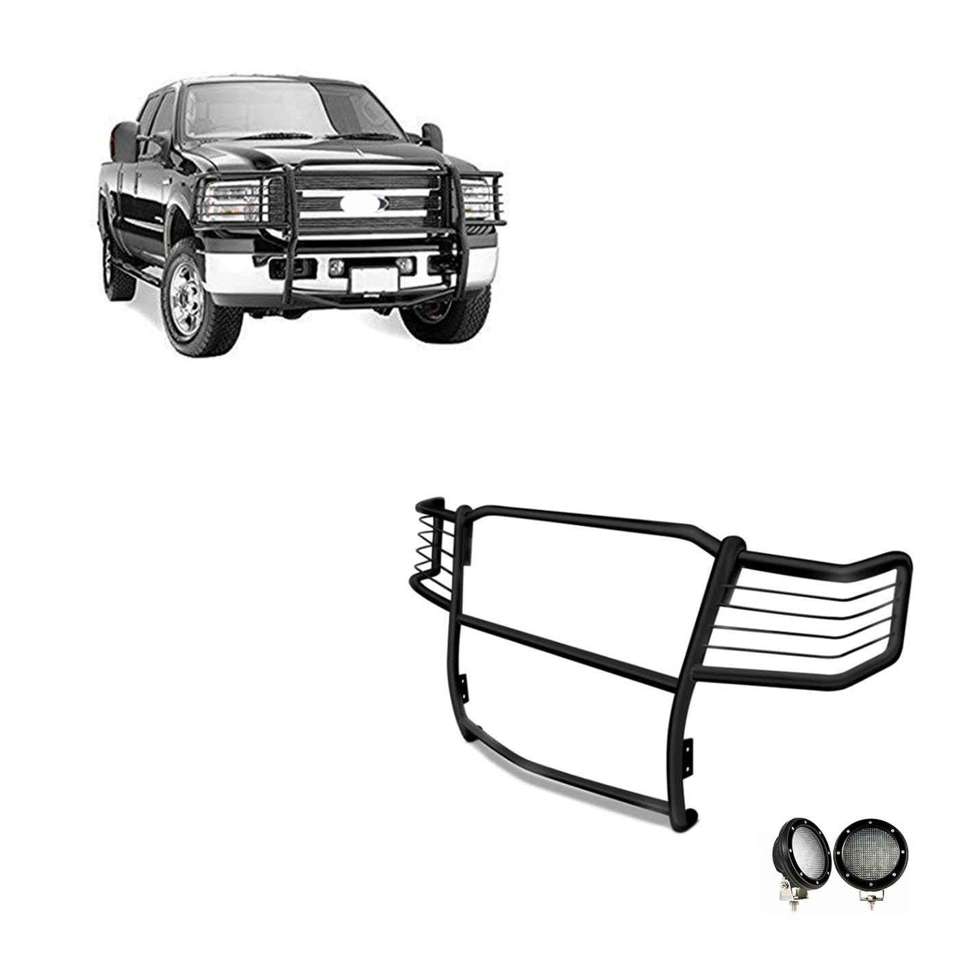 Bumper Guard Black Horse Grille Brush Modular Black Come with Pair of 5.3" LED Lights Compatible with 1999-2007 Ford F-250 Super Duty|1999-2004 Ford F-350/F-450/F-550 Super Duty-17FB23MA-PLFB