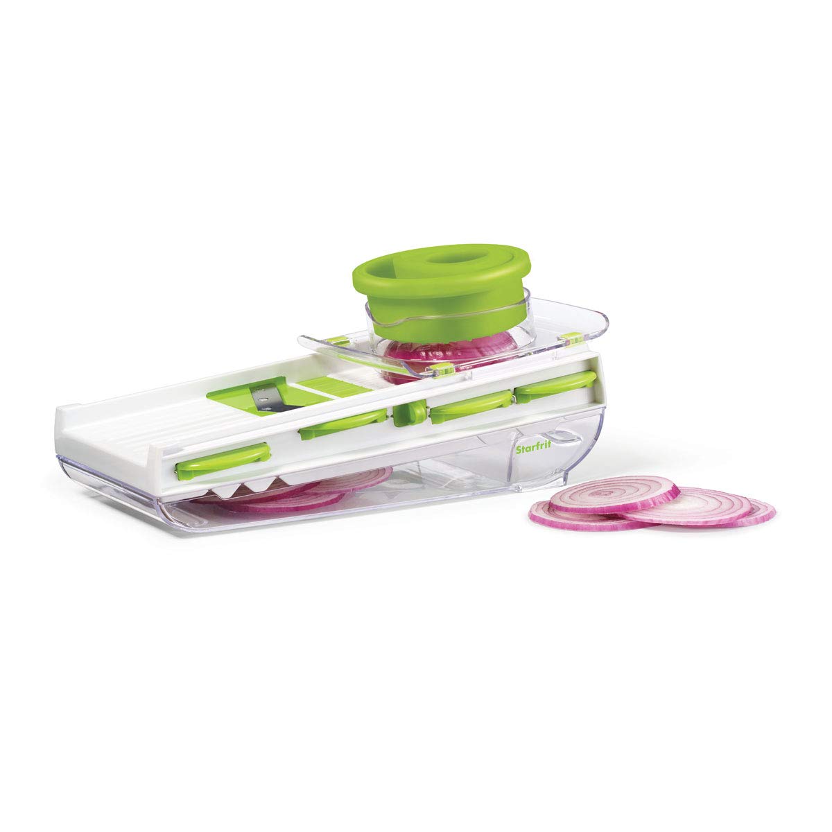 Easy Starfrit Mandoline Slicer, Dicer - 5-Blades and Graters - Straight & Crinkle Blades, Julienne, Grater & Shredder - Self-Feeding Pusher - Catch Base for Storage and Food Container