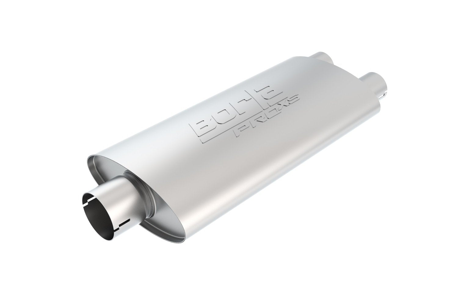 BORLA ProXS 400487 Muffler 3" Center Inlet/ 2.5" Dual Outlet, 4" x 9.5" Oval, 19" Long Body, 24" Overall Length. Universal Part. Reversible Design. Notched Necks.