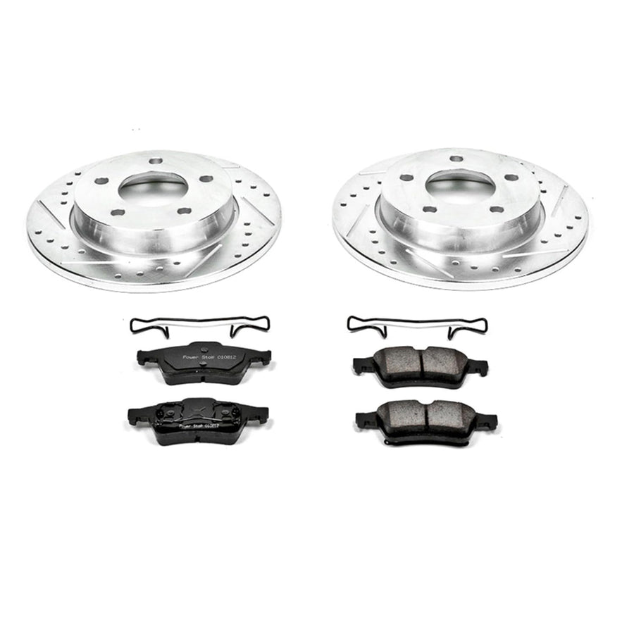 Rear Power Stop K124 Z23 Carbon Fiber Brake Pads with Drilled & Slotted Brake Rotors Kit For Mazda 3 2004-2005 [Model Specific]