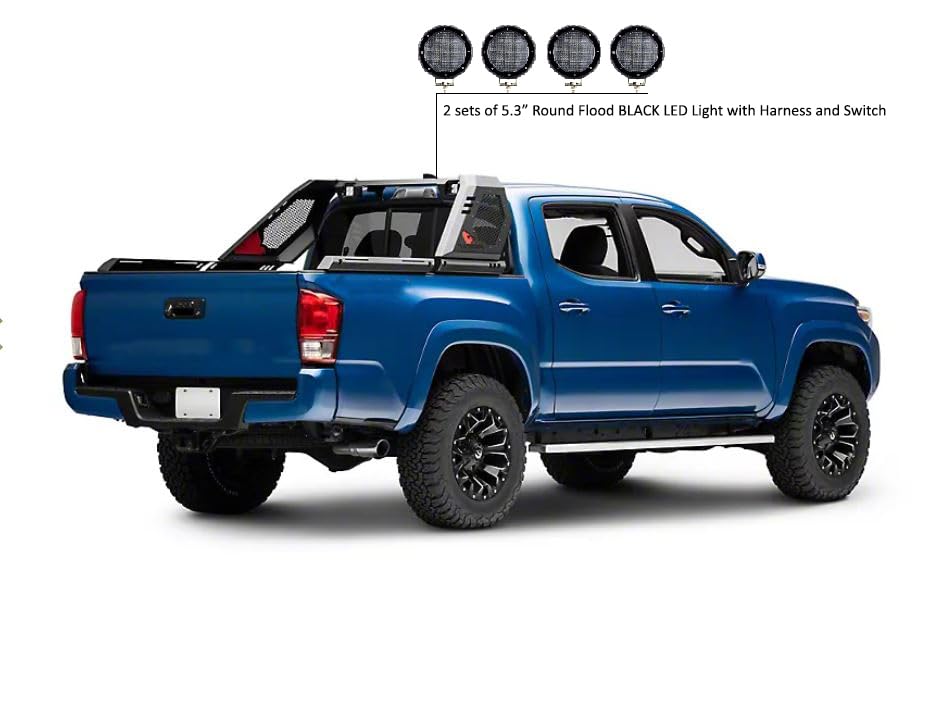 Vigor Black Horse Roll Bar Incl. Set of 5.3" Dia.led Lights w/Black Trim Rings Modular Compatible with 2005-2024 Toyota Tacoma-VIRB06B-PLFB
