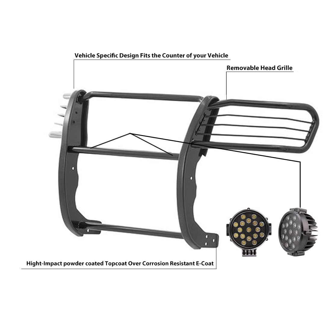 Bumper Guard Modular Black Horse Grille brush Come With pair of 7.0"Dia.LED Lights with Black Trim Rings Compatible with 1997-2003 Infiniti QX4|1996-2004 Nissan Pathfinder-17NE23MA-PLB