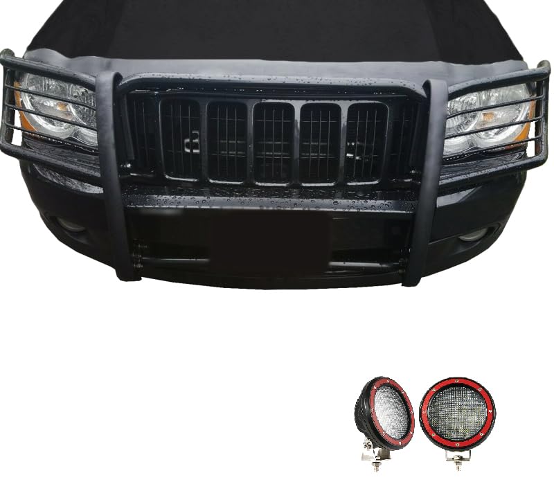 Grille Brush Black Horse Bumper Guard Modular Black Come with Pair of 5.3" Dia.LED Lights with Red Trim Rings Compatible with 2005-2010 Jeep Grand Cherokee-17A080200MA-PLFR
