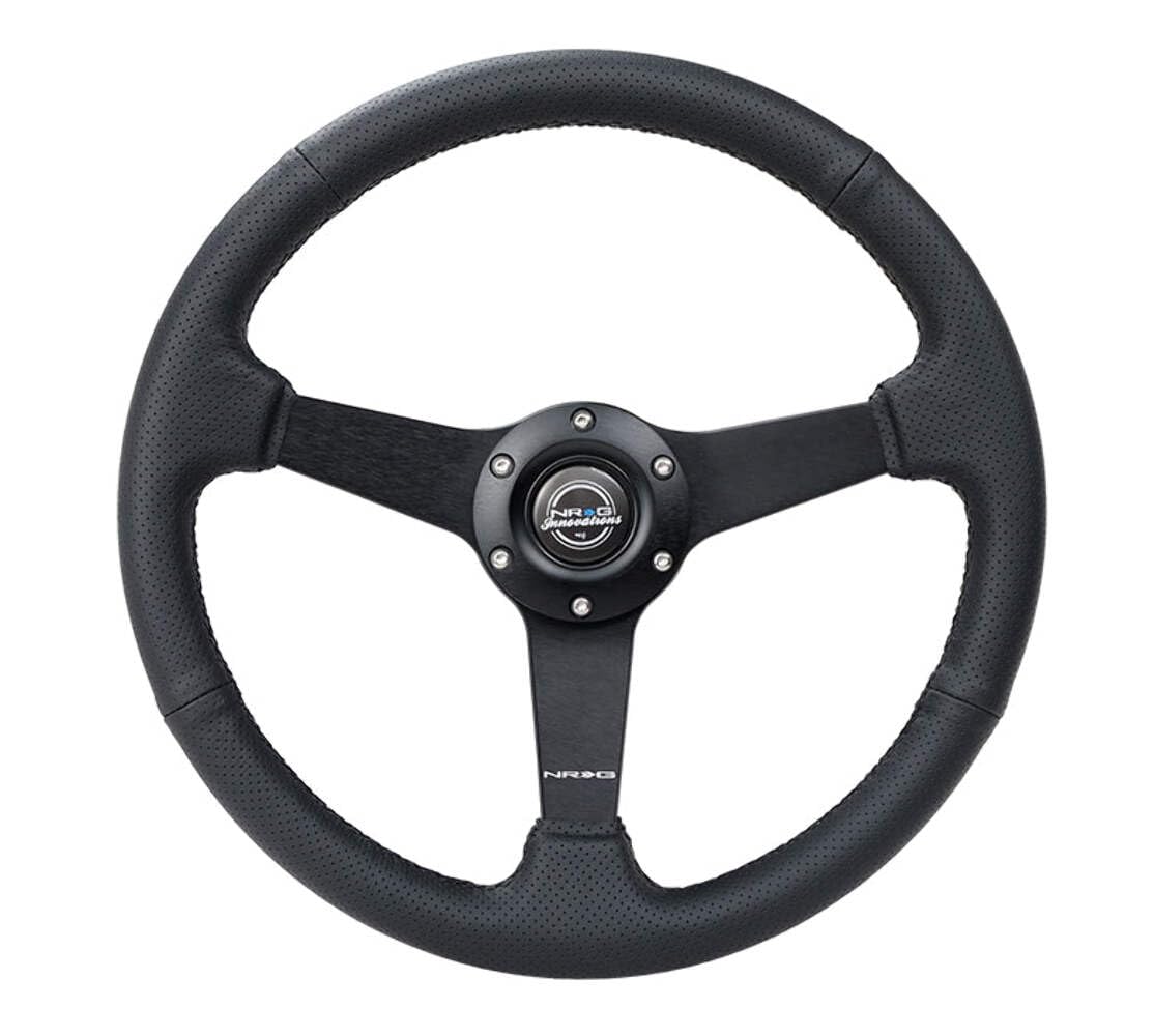 NRG Innovations 350mm NRG-RST-037MB-PR Sport Steering Wheel (1.5' deep) Black Perforated Leather with Black Stitching - Matte Black Solid Spokes