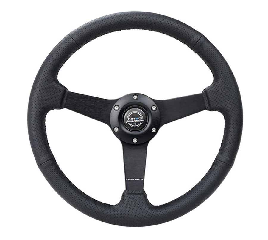 NRG Innovations 350mm NRG-RST-037MB-PR Sport Steering Wheel (1.5' deep) Black Perforated Leather with Black Stitching - Matte Black Solid Spokes