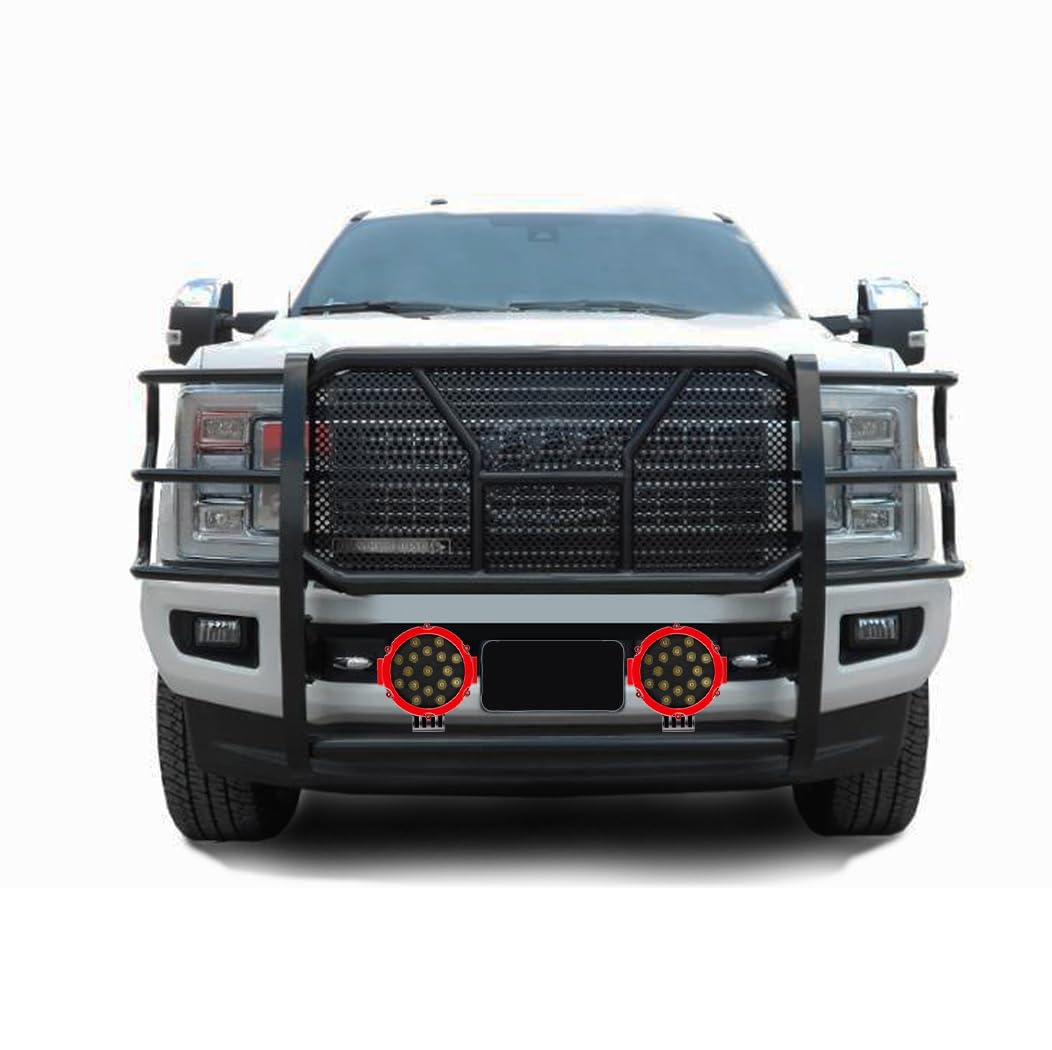 Heavy Duty Black Horse RUGGED Grille Brush Bumper Guard Modular Come With pair of 7.0"LED Lights Compatible with 2017-2022 Ford F-250 Ford F-350/Ford F-450/Ford F-550 Super Duty-RU-FOF217-B-PLR