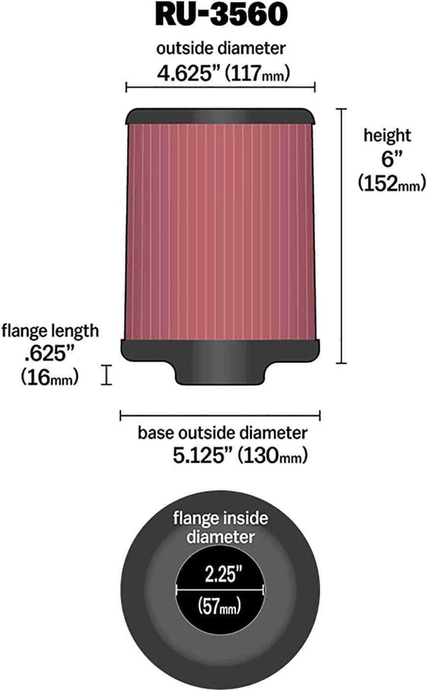 K&N Original High-Flow Lifetime Universal Clamp-On Air Filter: Performance, Premium, Washable: Flange Diameter: 2.25 In, Filter Height: 6 In, Flange Length: 0.625 In, Shape: Round Tapered, RU-3560