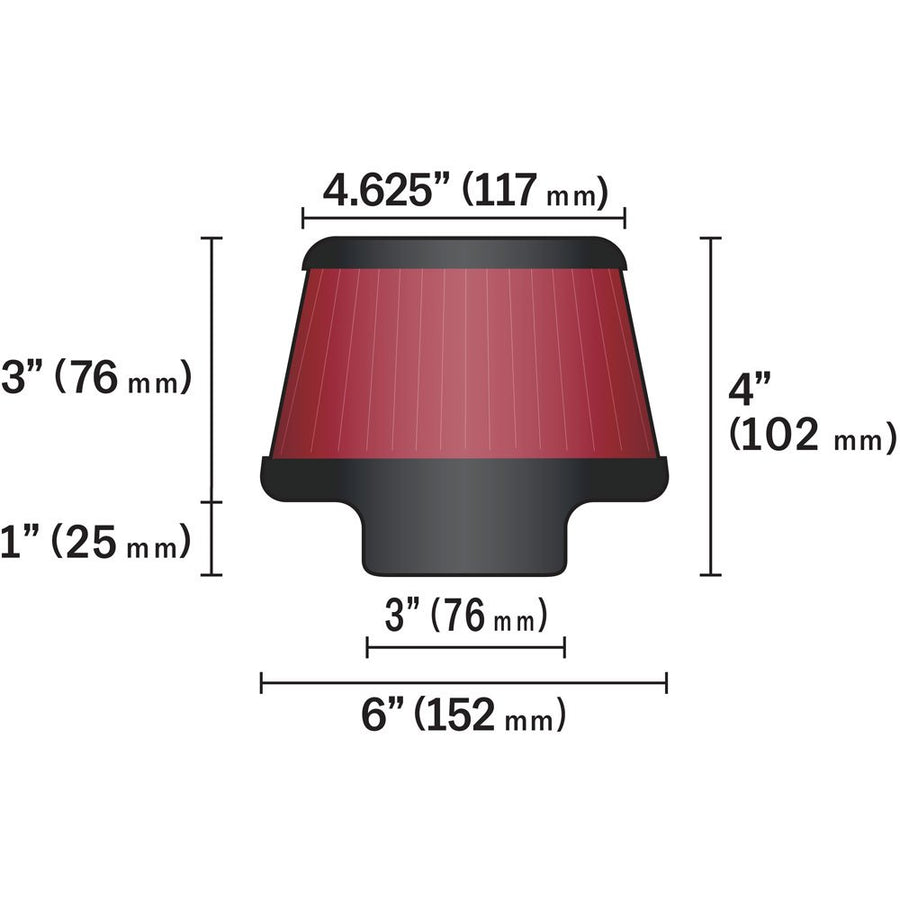 High-Flow K&N Original Lifetime Universal Clamp-On Air Filter: High Performance, Premium, Washable,: Flange Diameter: 3 In, Filter Height: 3 In, Flange Length: 1 In, Shape: Round Tapered, RU-5288