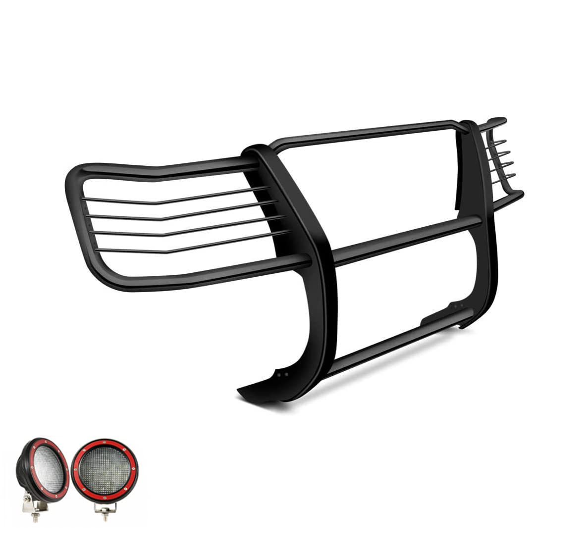 Bumper Guard Modular Black Black Horse Grille brush Come With Pair of 5.3" Dia.LED Lights with Red Trim Rings Compatible with 2016-2024 Nissan Titan XD-17NR28MA-PLFR