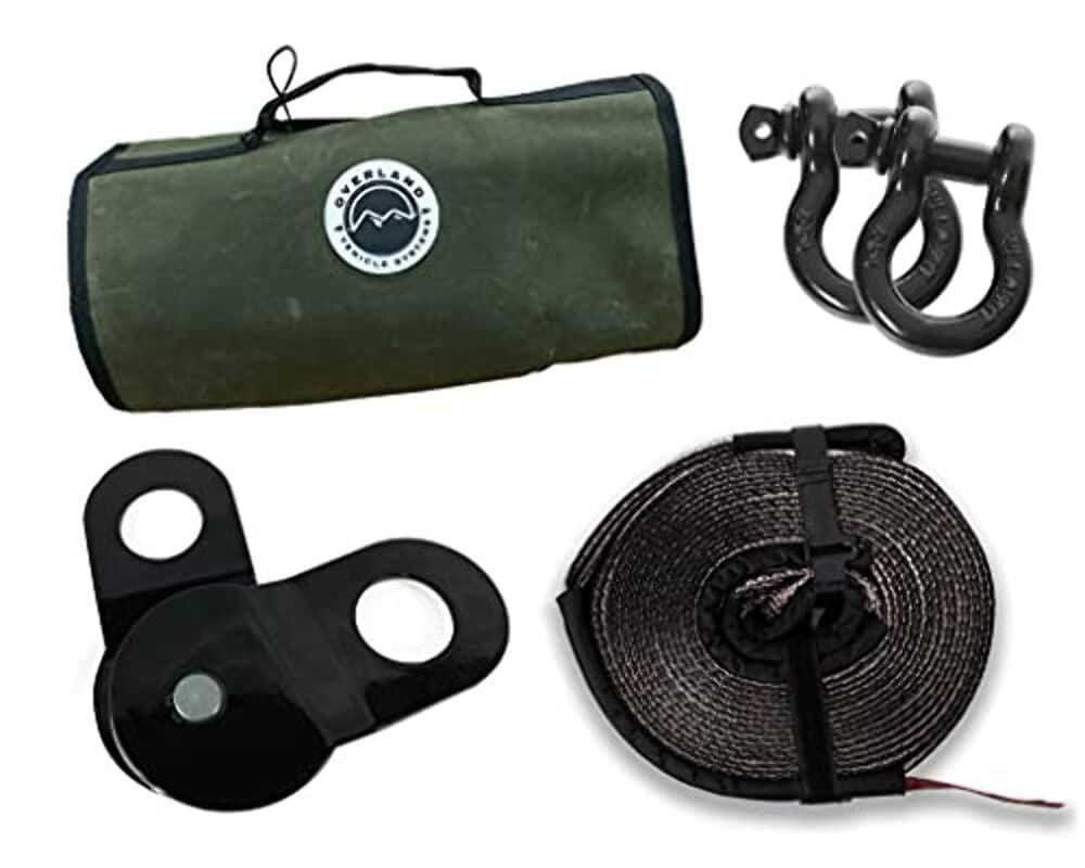 Overland Vehicle Systems 33-0501 OVS Recovery Wrap Kit Including 20" Tow Strap, Pair of Black D-Rings, Snatch Block and Canvas Bag